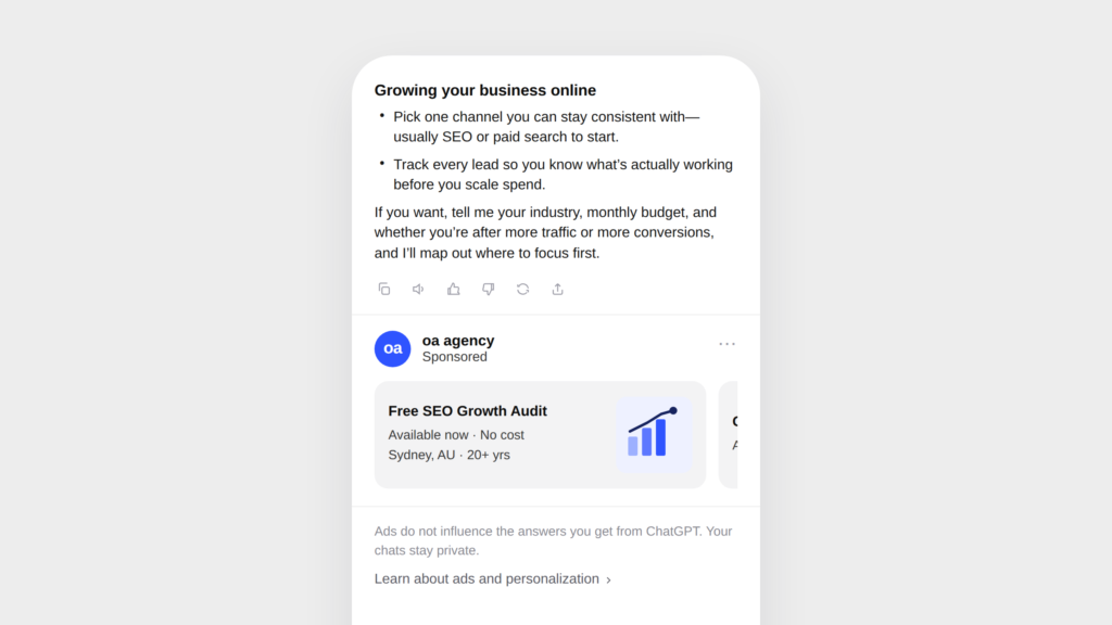 oa agency sponsored ad on chatgpt